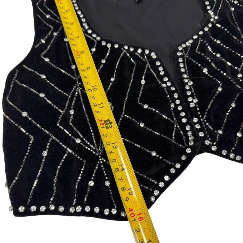 ZARA Black Velvet Waistcoat With Rhinestones Sz XS Vest Whimsigoth Boho Glam - Picture 11 of 16